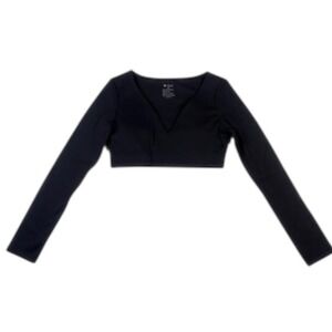 Laslulu Long Sleeve Cropped V-Neck Active Top Black Size S NWT
